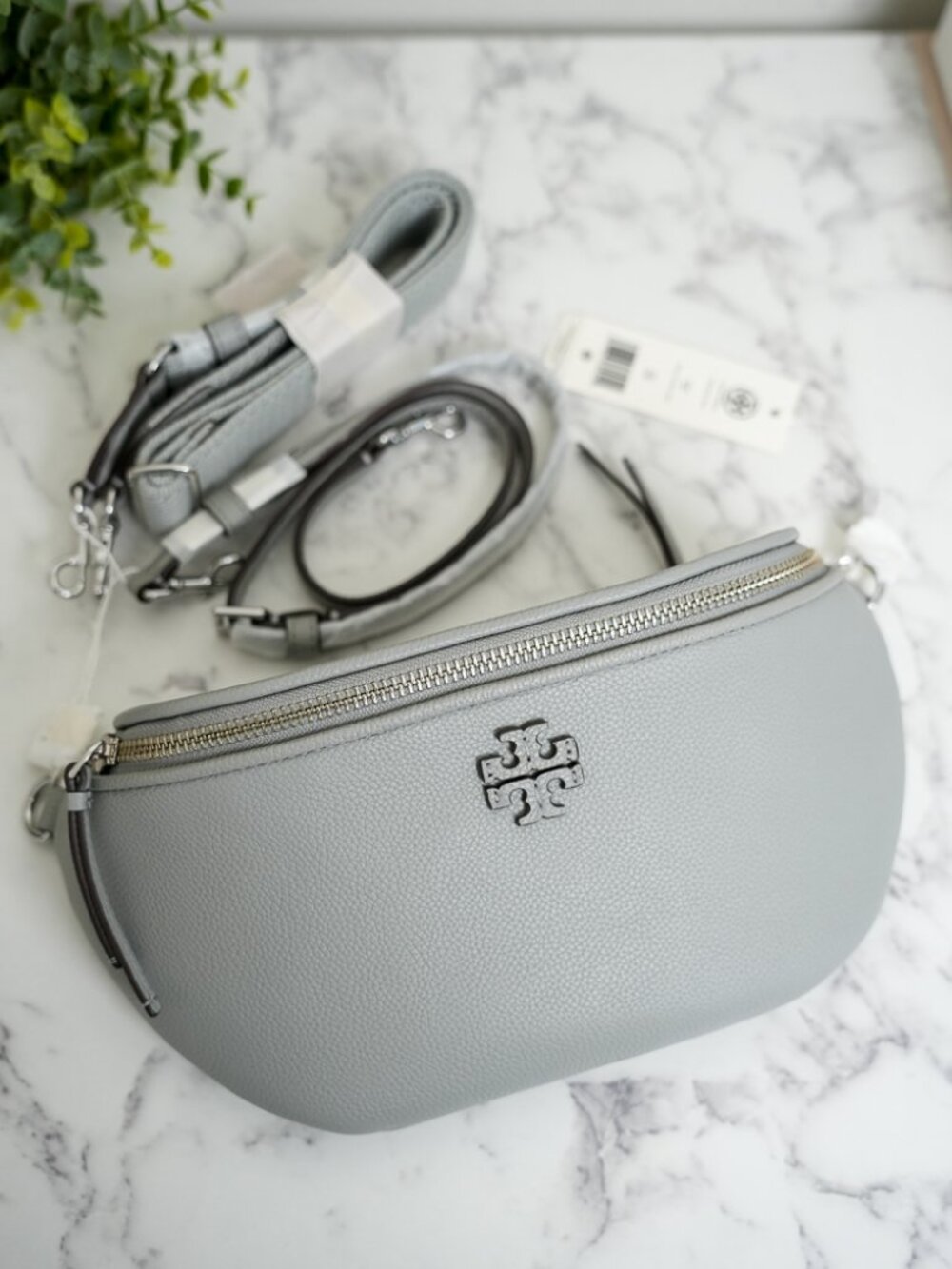 Tory Burch Thea Pebbled Leather Belt Bag Fanny Pack in Misty Cloud 165917 NWT